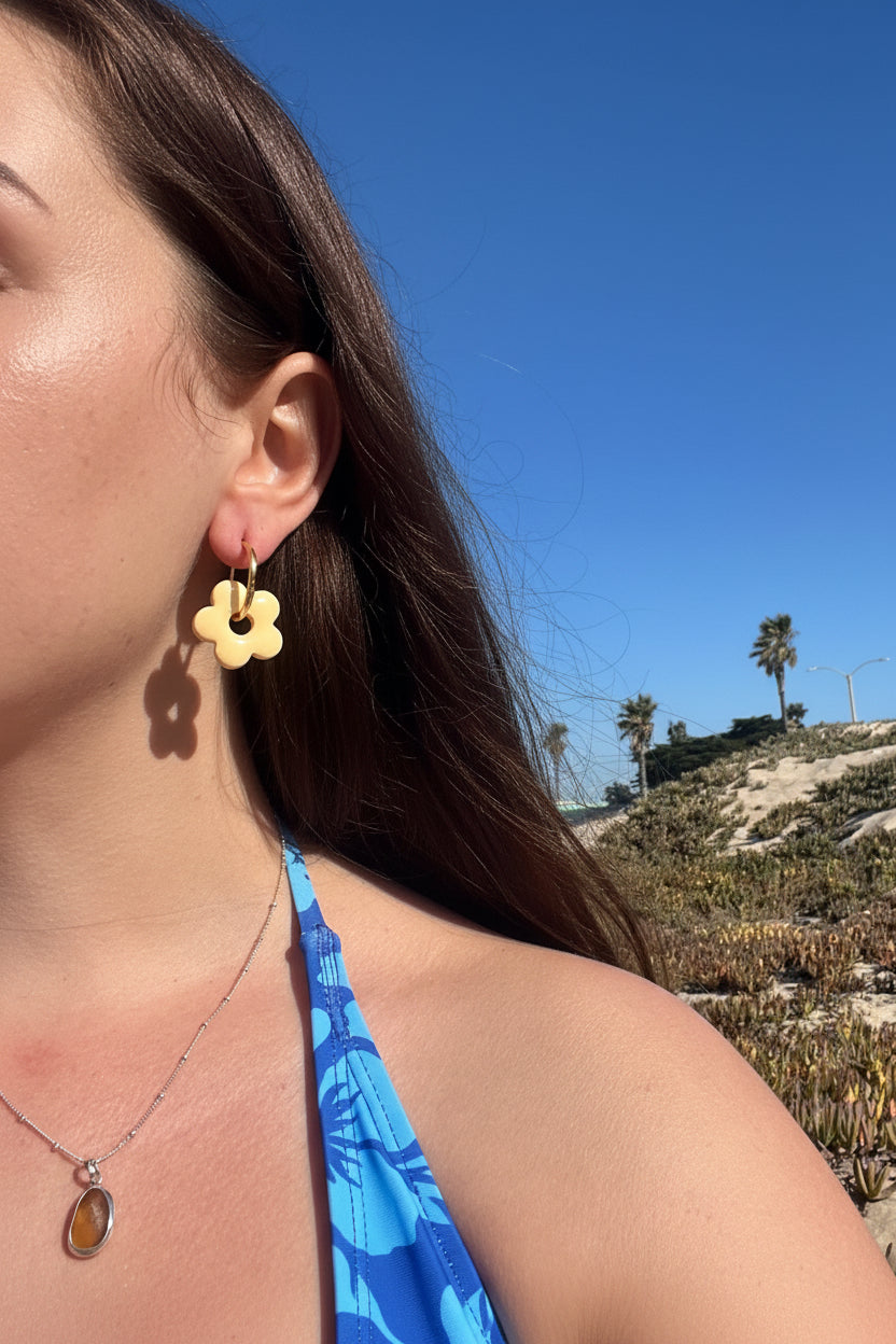 BUTTER YELLOW FLOWER CHARM HOOPS
