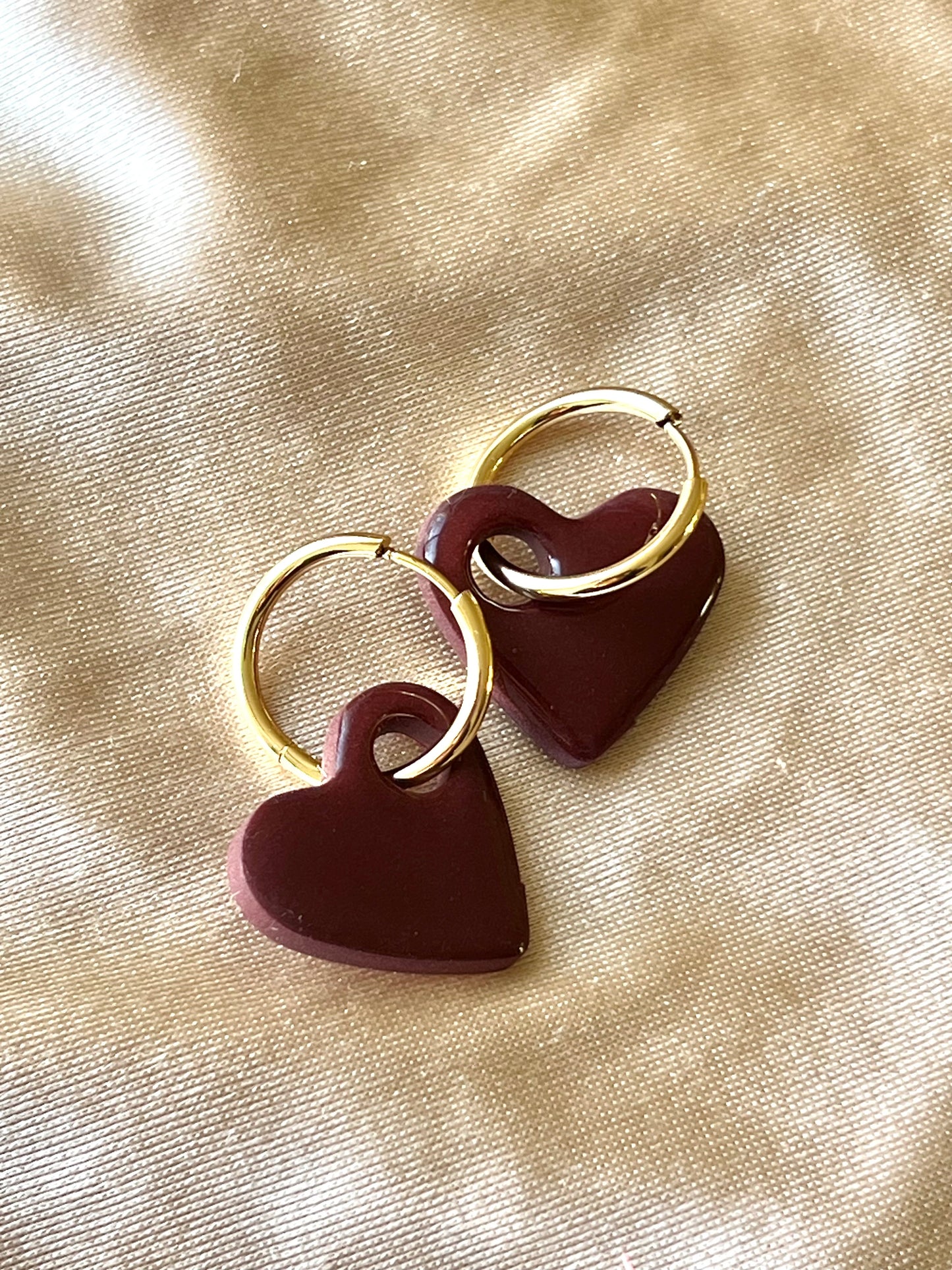 BURGUNDY HEART CHARM HOOPS
