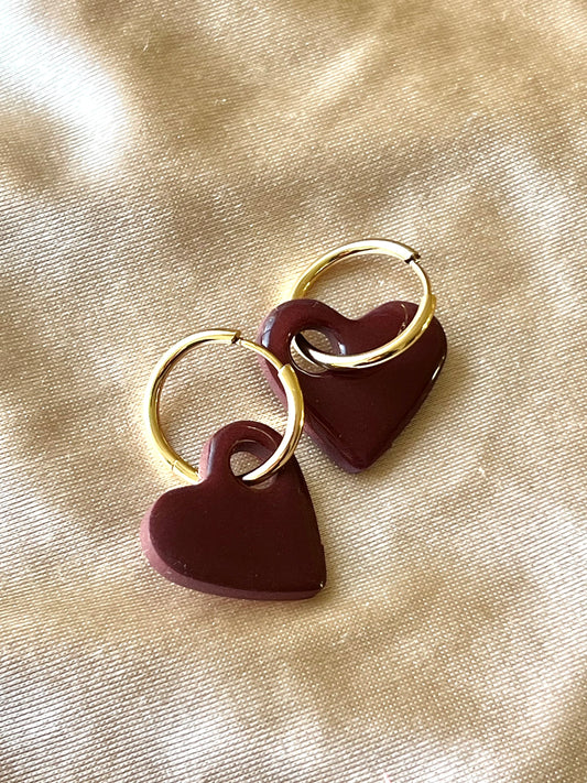 BURGUNDY HEART CHARM HOOPS