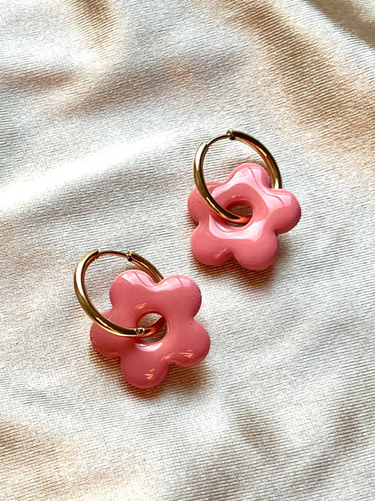 HOT PINK FLOWER CHARM HOOPS